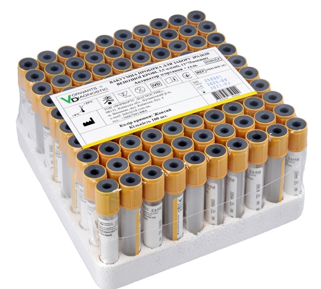 Вакуумна пробірка 3,5 мл, 13*75 мм, з активатором згортання та розділовим гелем, з жовтою кр.,100 стер